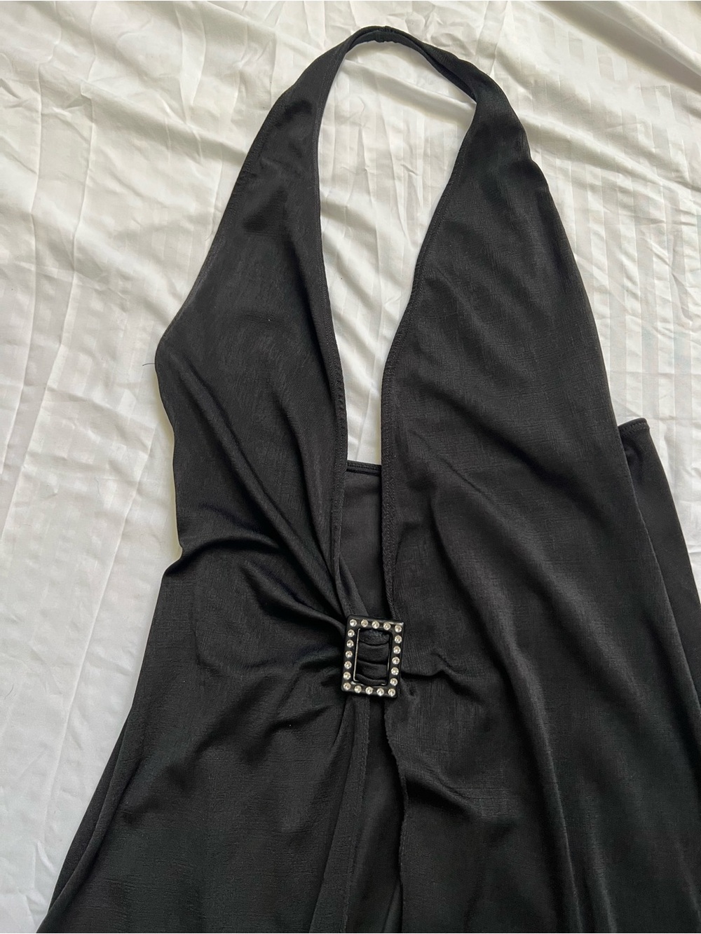 Leg Avenue Black One-Shoulder Halter Dress with Rhinestone Buckle